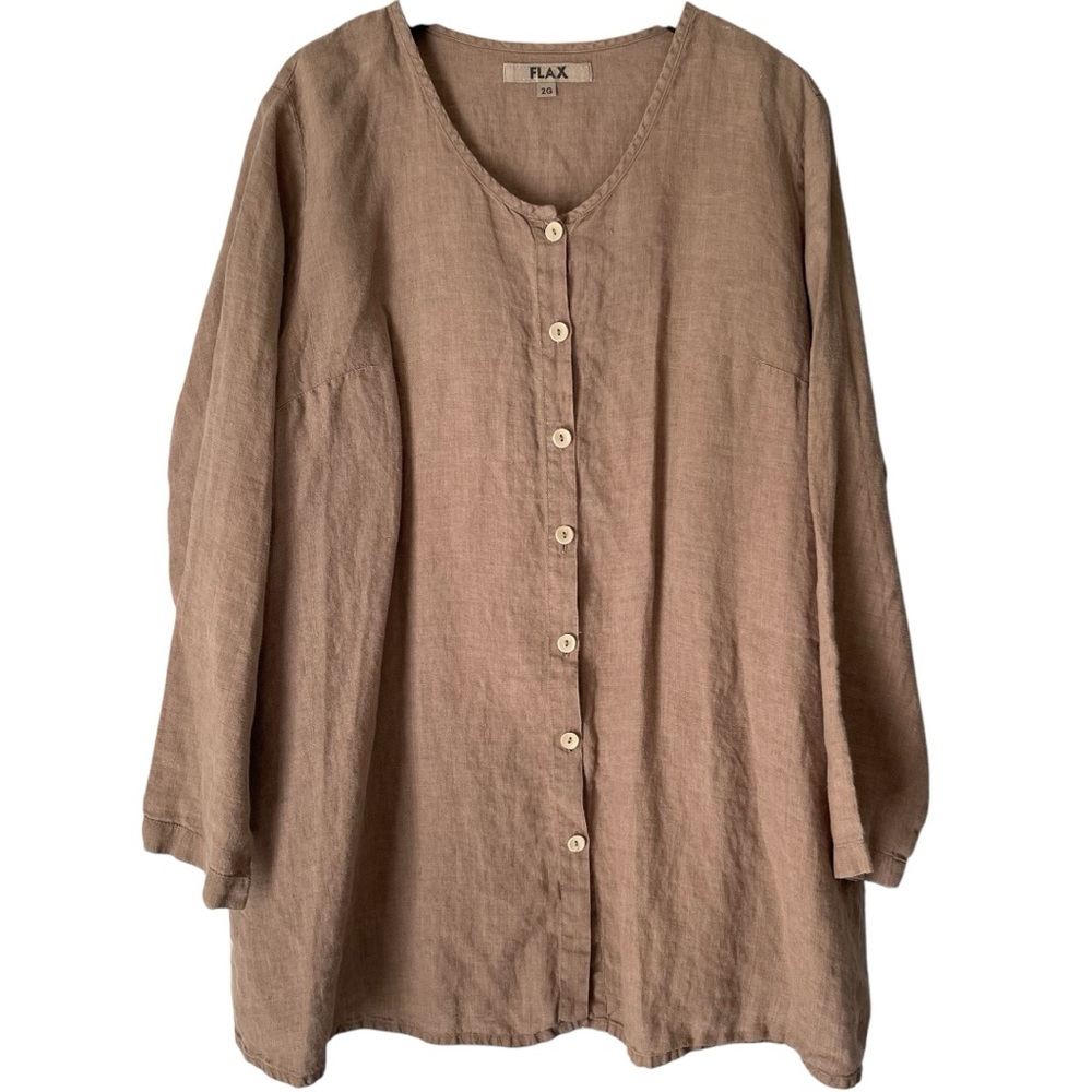 FLAX 100% linen Tan Button-Up Top lagenlook size 2 G (22-24)